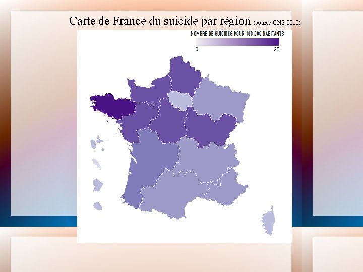 Carte de France du suicide par région (source ONS 2012) 