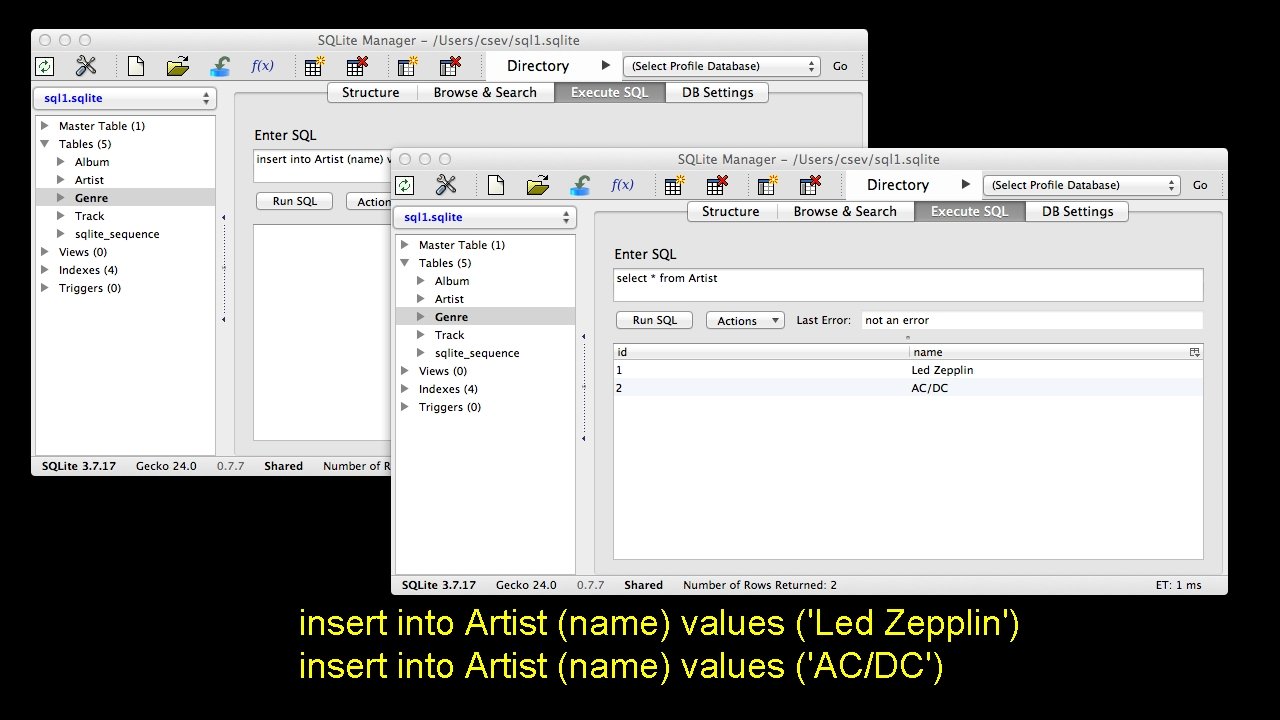 insert into Artist (name) values ('Led Zepplin') insert into Artist (name) values ('AC/DC') 