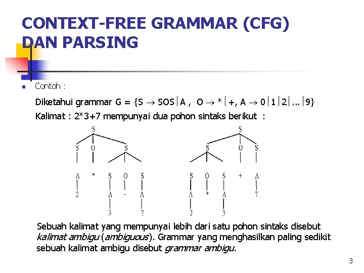 CONTEXT-FREE GRAMMAR (CFG) DAN PARSING n Contoh : Diketahui grammar G = {S SOS