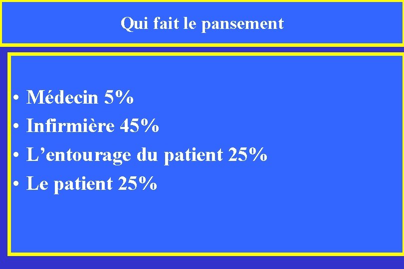 Qui fait le pansement • • Médecin 5% Infirmière 45% L’entourage du patient 25%