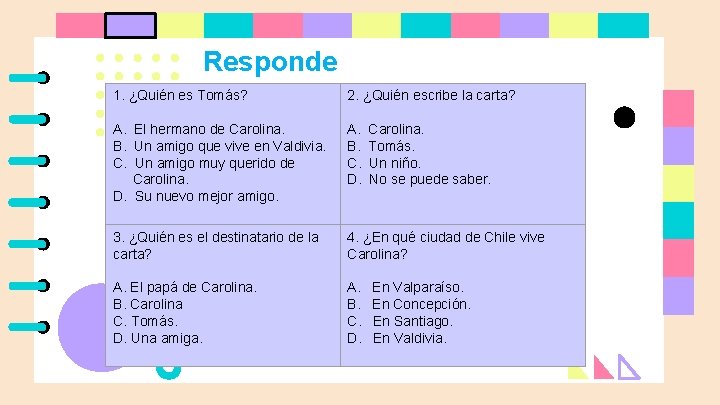 Responde 1. ¿Quién es Tomás? 2. ¿Quién escribe la carta? A. El hermano de