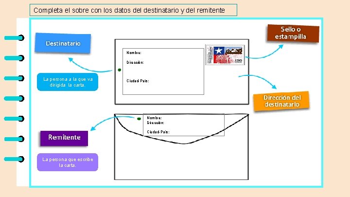 Completa el sobre con los datos del destinatario y del remitente Nombre: Dirección: La