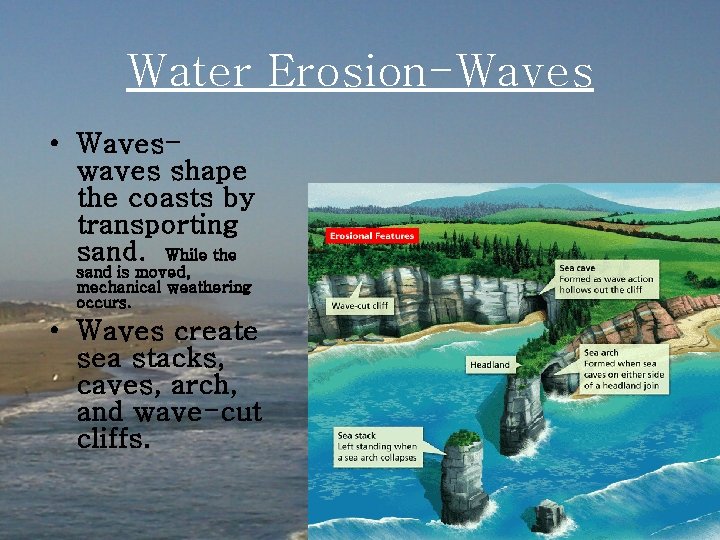 Water Erosion-Waves • Waveswaves shape the coasts by transporting sand. While the sand is