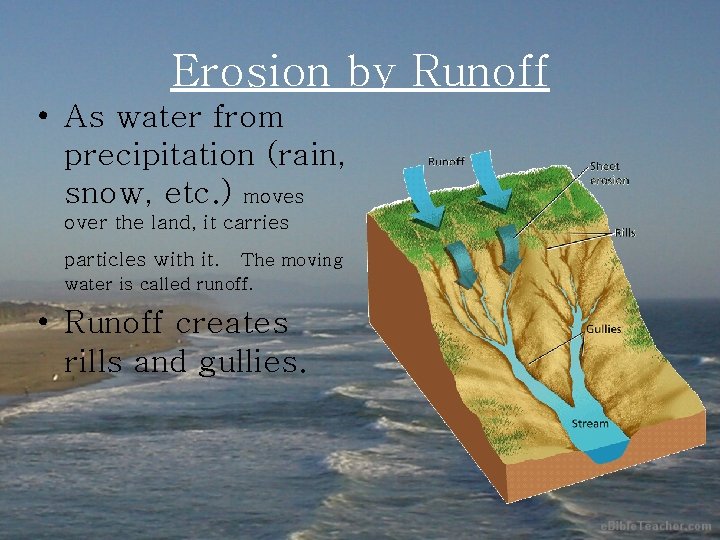 Erosion by Runoff • As water from precipitation (rain, snow, etc. ) moves over