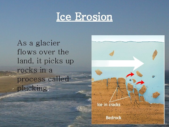 Ice Erosion As a glacier flows over the land, it picks up rocks in