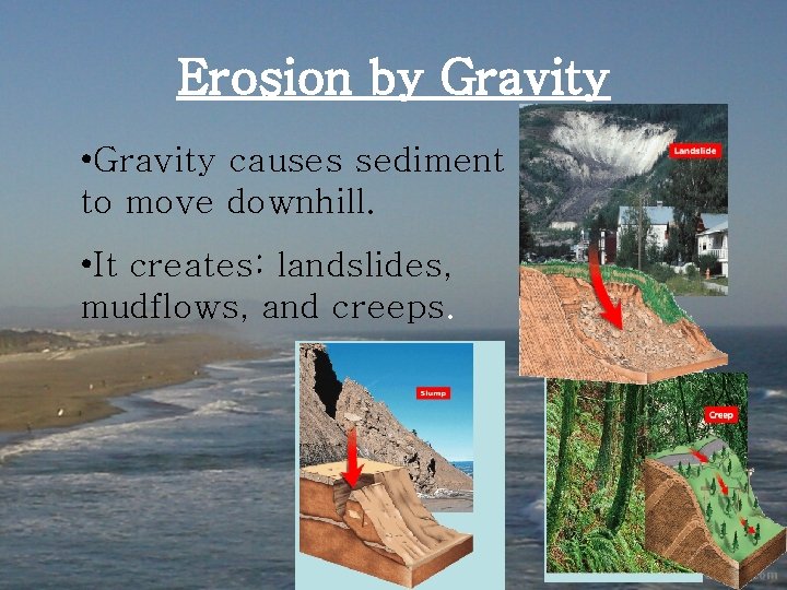 Erosion by Gravity • Gravity causes sediment to move downhill. • It creates: landslides,