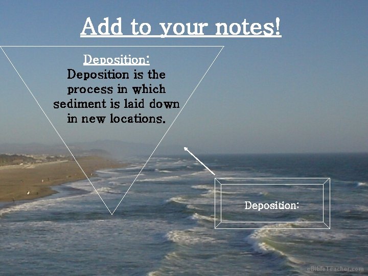 Add to your notes! Deposition: Deposition is the process in which sediment is laid