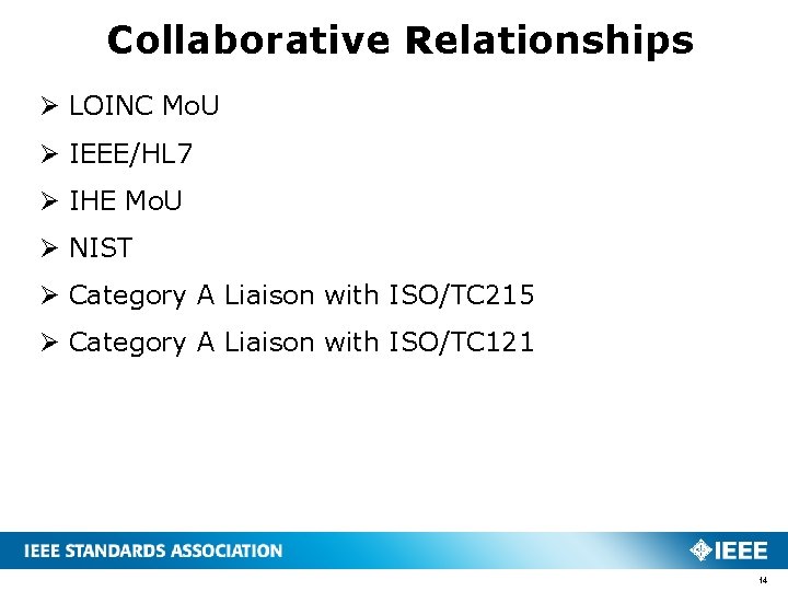 Collaborative Relationships Ø LOINC Mo. U Ø IEEE/HL 7 Ø IHE Mo. U Ø