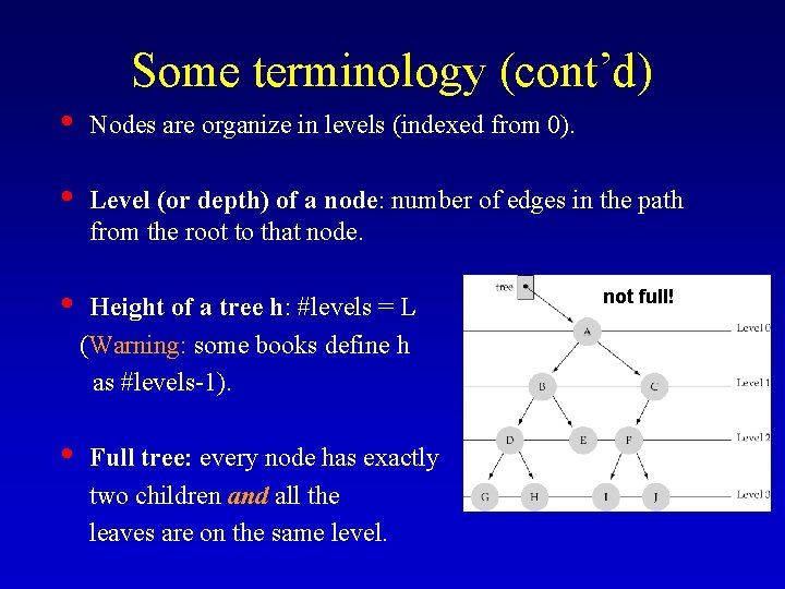 Some terminology (cont’d) • Nodes are organize in levels (indexed from 0). • Level