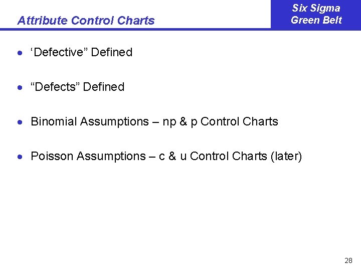 Attribute Control Charts Six Sigma Green Belt · ‘Defective” Defined · “Defects” Defined ·