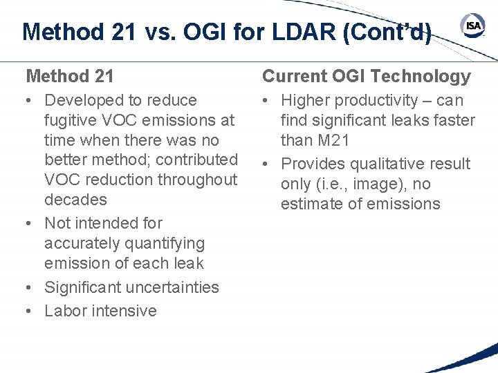 Method 21 vs. OGI for LDAR (Cont’d) Method 21 Current OGI Technology • Developed
