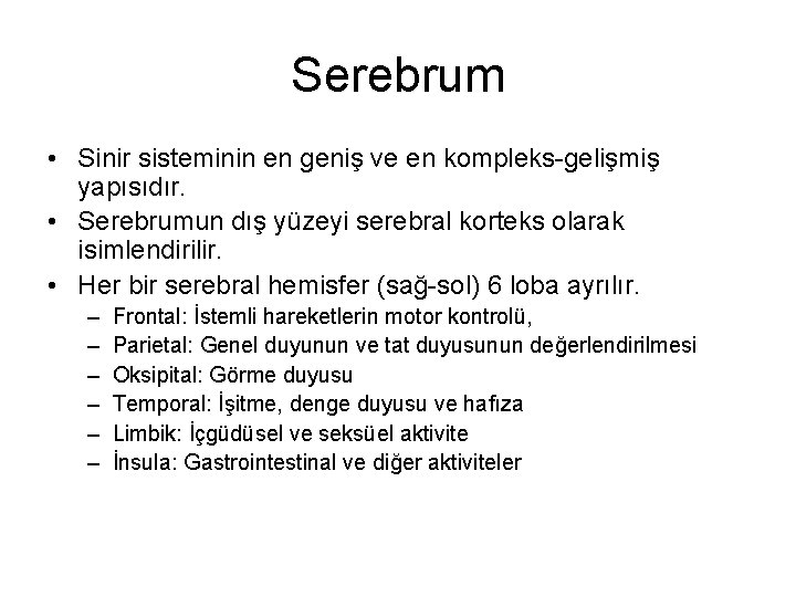 Serebrum • Sinir sisteminin en geniş ve en kompleks-gelişmiş yapısıdır. • Serebrumun dış yüzeyi