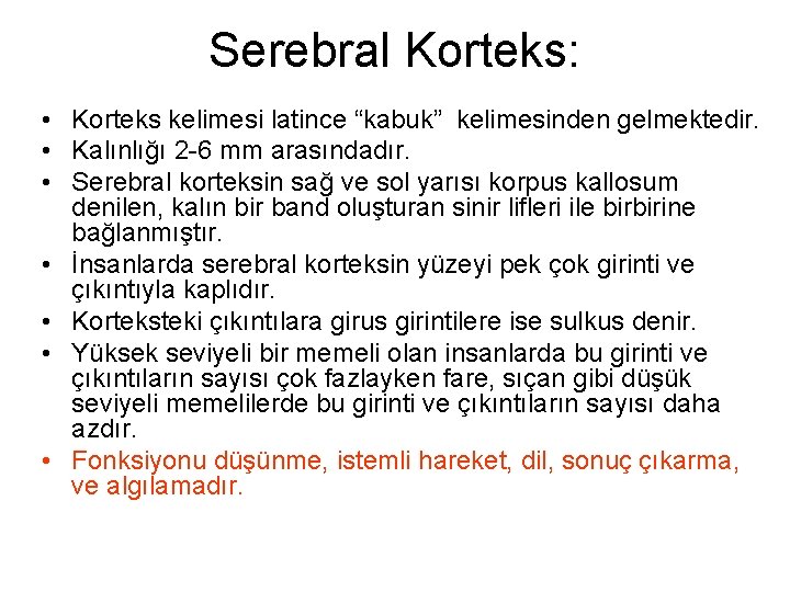 Serebral Korteks: • Korteks kelimesi latince “kabuk” kelimesinden gelmektedir. • Kalınlığı 2 -6 mm