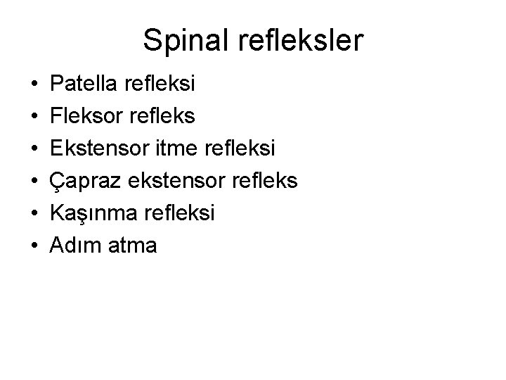 Spinal refleksler • • • Patella refleksi Fleksor refleks Ekstensor itme refleksi Çapraz ekstensor