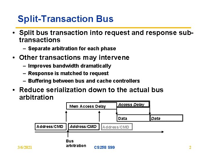 Split-Transaction Bus • Split bus transaction into request and response subtransactions – Separate arbitration