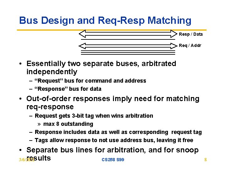 Bus Design and Req-Resp Matching Resp / Data Req / Addr • Essentially two