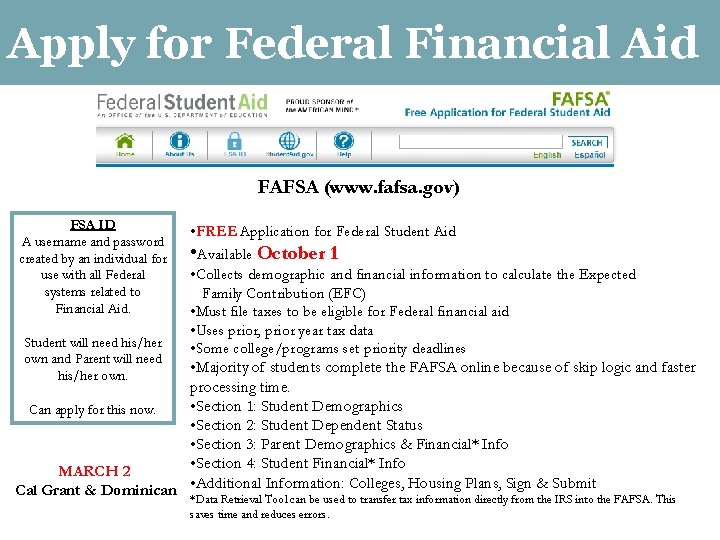 Apply for Federal Financial Aid FAFSA (www. fafsa. gov) FSA ID A username and