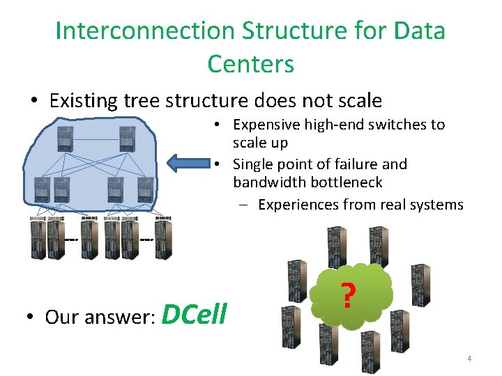 Interconnection Structure for Data Centers • Existing tree structure does not scale • Expensive