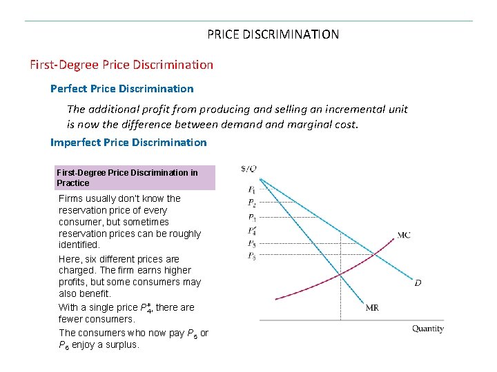 PRICE DISCRIMINATION First-Degree Price Discrimination Perfect Price Discrimination The additional profit from producing and