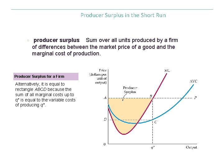 Producer Surplus in the Short Run ● producer surplus Sum over all units produced