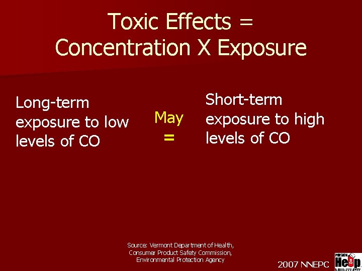 Toxic Effects = Concentration X Exposure Long-term exposure to low levels of CO May