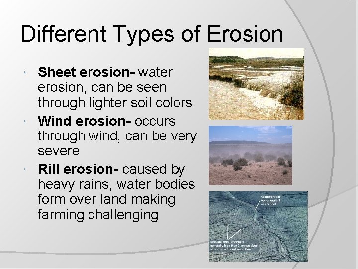 Different Types of Erosion Sheet erosion- water erosion, can be seen through lighter soil