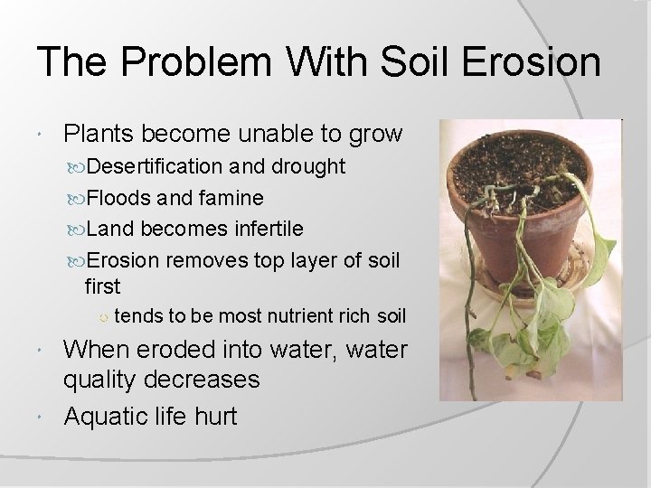 The Problem With Soil Erosion Plants become unable to grow Desertification and drought Floods