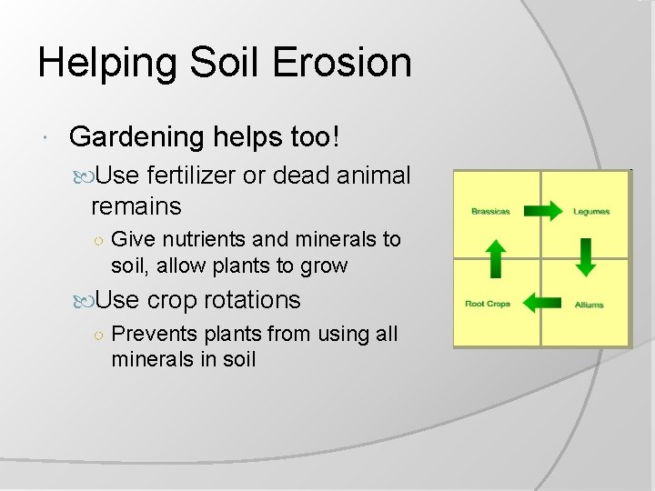 Helping Soil Erosion Gardening helps too! Use fertilizer or dead animal remains ○ Give