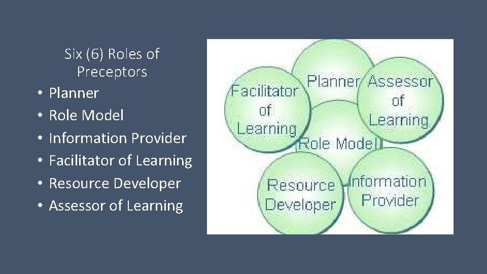  • • • Six (6) Roles of Preceptors Planner Role Model Information Provider