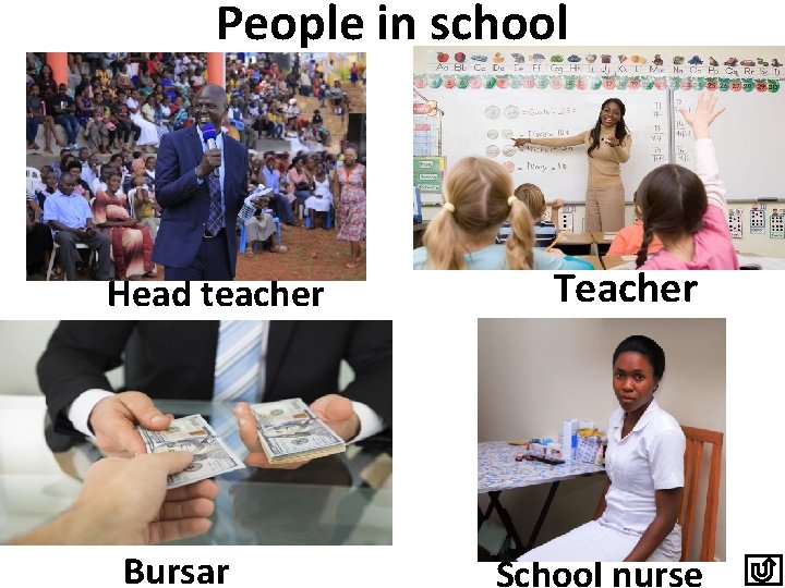 People in school Head teacher Bursar Teacher School nurse 