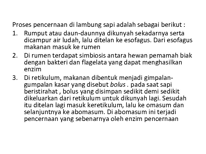 Proses pencernaan di lambung sapi adalah sebagai berikut : 1. Rumput atau daun-daunnya dikunyah