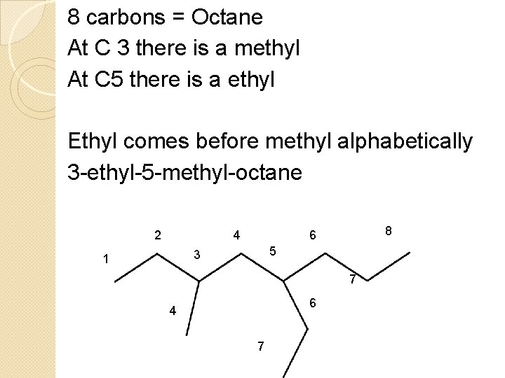 8 carbons = Octane At C 3 there is a methyl At C 5