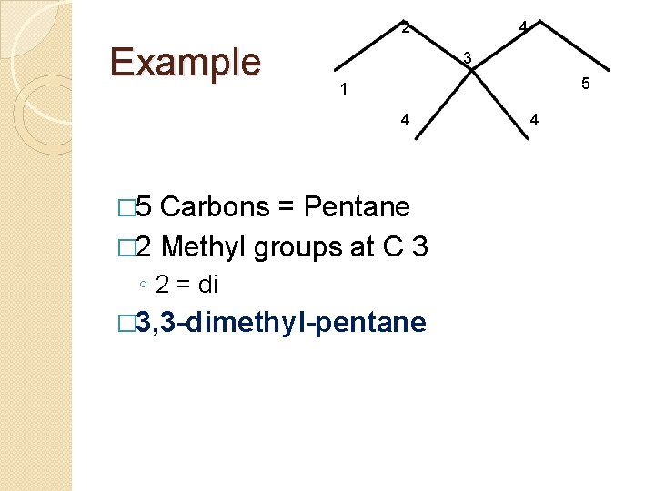 2 Example 4 3 5 1 4 � 5 Carbons = Pentane � 2