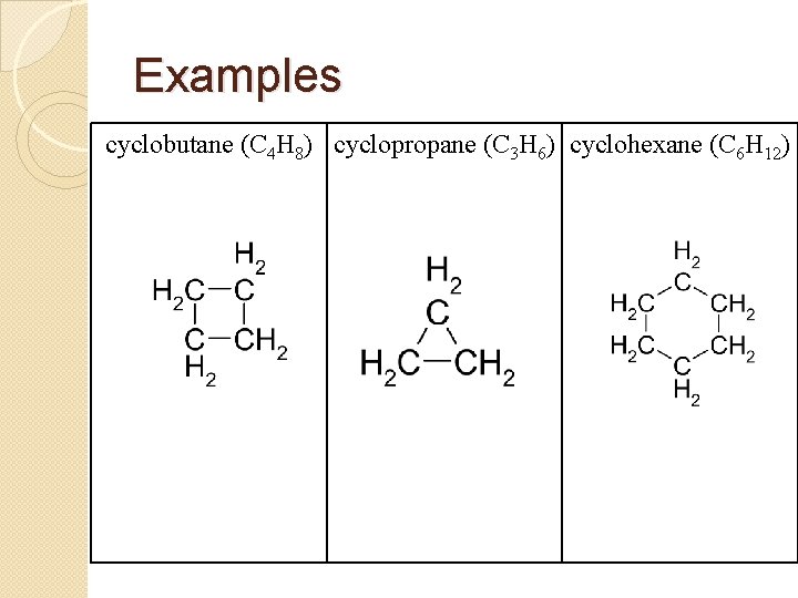 Examples cyclobutane (C 4 H 8) cyclopropane (C 3 H 6) cyclohexane (C 6