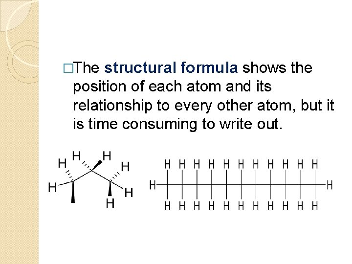 �The structural formula shows the position of each atom and its relationship to every