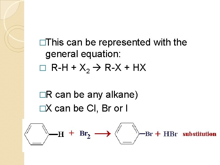 �This can be represented with the general equation: � R-H + X 2 R-X