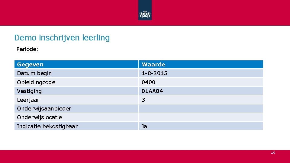 Demo inschrijven leerling Periode: Gegeven Waarde Datum begin 1 -8 -2015 Opleidingcode 0400 Vestiging