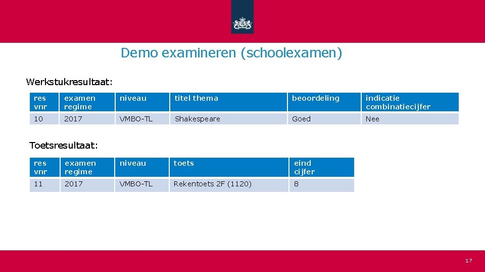 Demo examineren (schoolexamen) Werkstukresultaat: res vnr examen regime niveau titel thema beoordeling indicatie combinatiecijfer