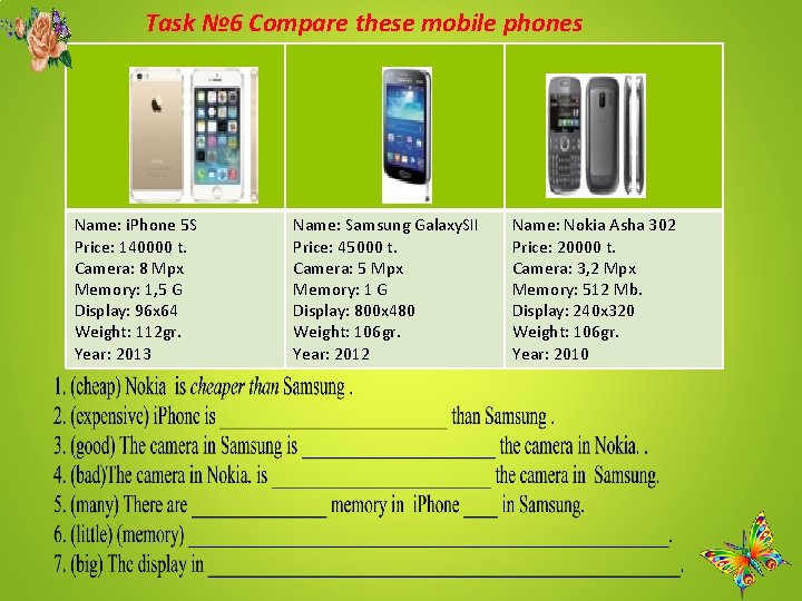 Task № 6 Сompare these mobile phones Name: i. Phone 5 S Price: 140000