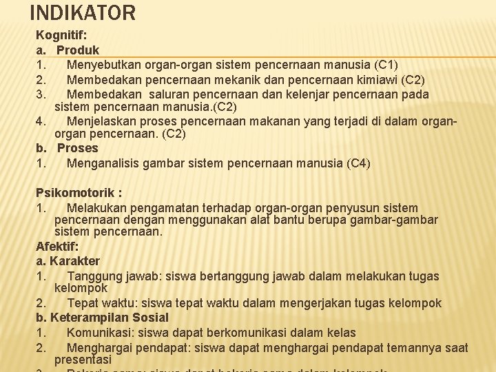 INDIKATOR Kognitif: a. Produk 1. Menyebutkan organ-organ sistem pencernaan manusia (C 1) 2. Membedakan