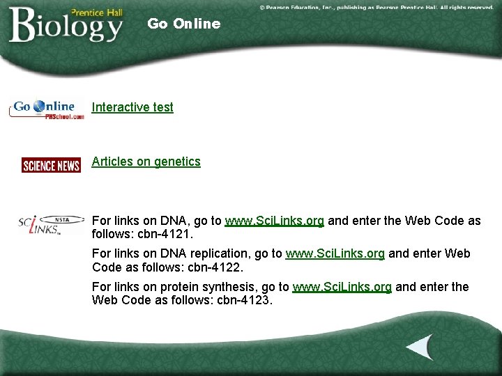 Go Online Interactive test Articles on genetics For links on DNA, go to www.