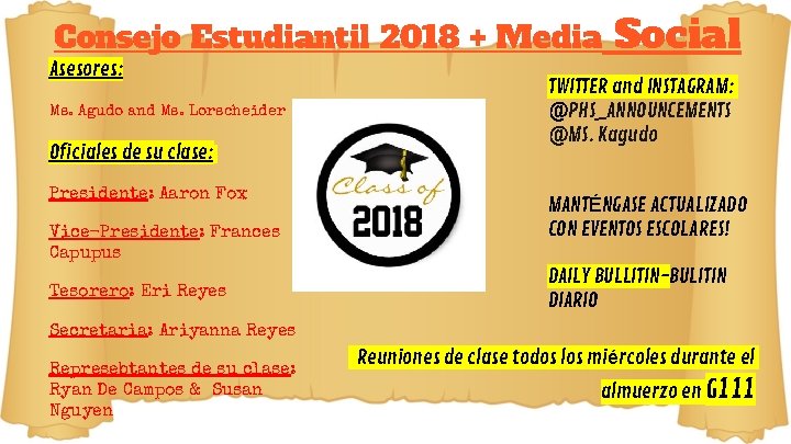 Consejo Estudiantil 2018 + Media Asesores: Ms. Agudo and Ms. Lorscheider Oficiales de su