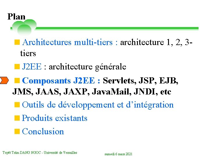 Plan <Architectures multi-tiers : architecture 1, 2, 3 tiers <J 2 EE : architecture