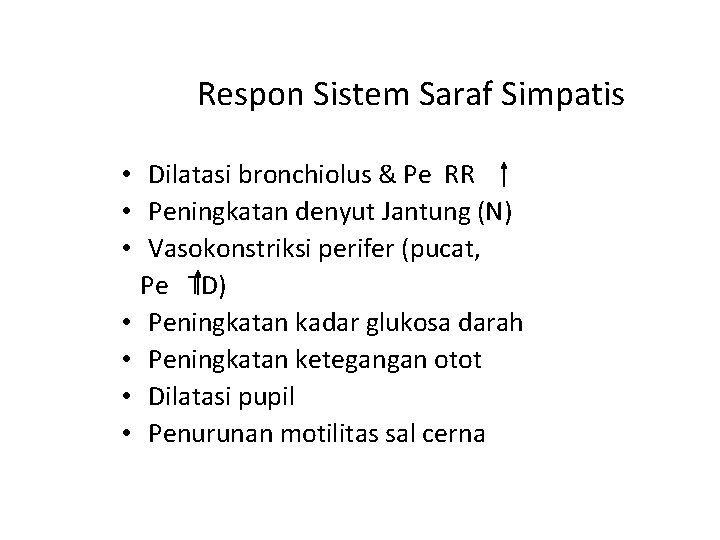 Respon Sistem Saraf Simpatis • Dilatasi bronchiolus & Pe RR • Peningkatan denyut Jantung