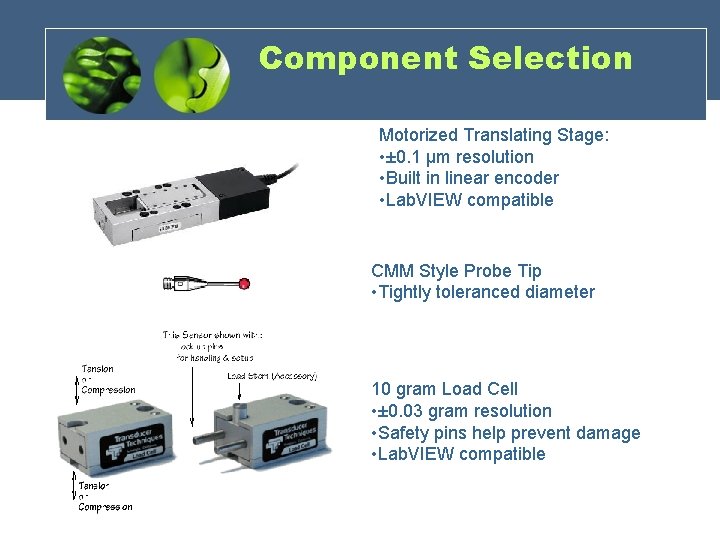 Component Selection Motorized Translating Stage: • ± 0. 1 μm resolution • Built in