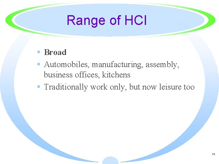 Range of HCI § Broad § Automobiles, manufacturing, assembly, business offices, kitchens § Traditionally
