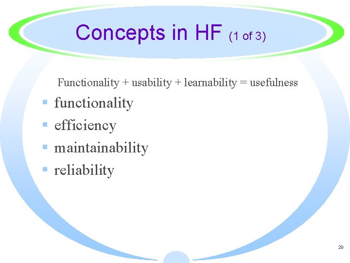 Concepts in HF (1 of 3) Functionality + usability + learnability = usefulness §