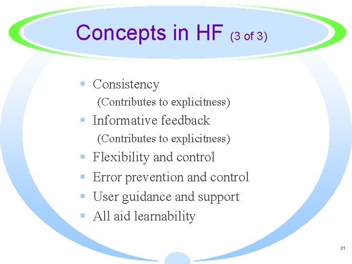 Concepts in HF (3 of 3) § Consistency (Contributes to explicitness) § Informative feedback