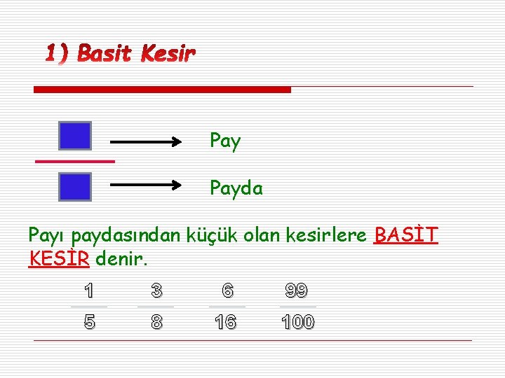 Pay Payda Payı paydasından küçük olan kesirlere BASİT KESİR denir. 1 3 6 99