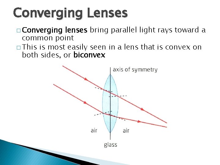 Converging Lenses � Converging lenses bring parallel light rays toward a common point �